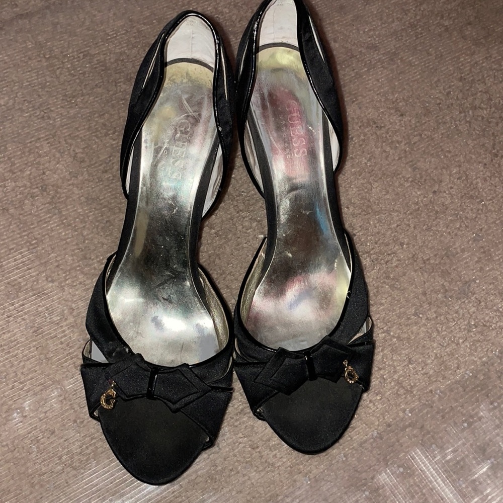 Guess Black slip on heels/mules with bow and G chain